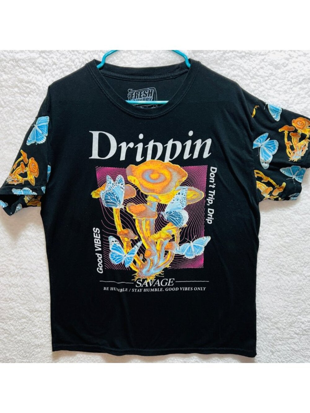 Fresh Laundry XL Graphic Tee Drippin Good Vibes Black With Butterfly & Mushroom